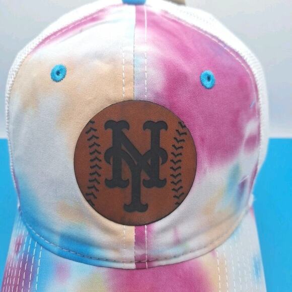New York Mets Tie Dye Trucker Snapback Leather Patch Hat MLB The Game Cotton - Picture 2 of 7